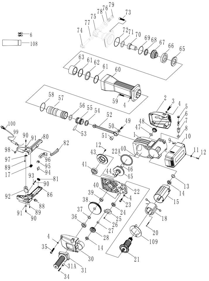 ЗУБР Бетонолом, 60 Дж, 2200 Вт, АВТ, отбойный молоток HEX-28, Профессионал (ЗМ-60-2200 ВК) - разборная схема